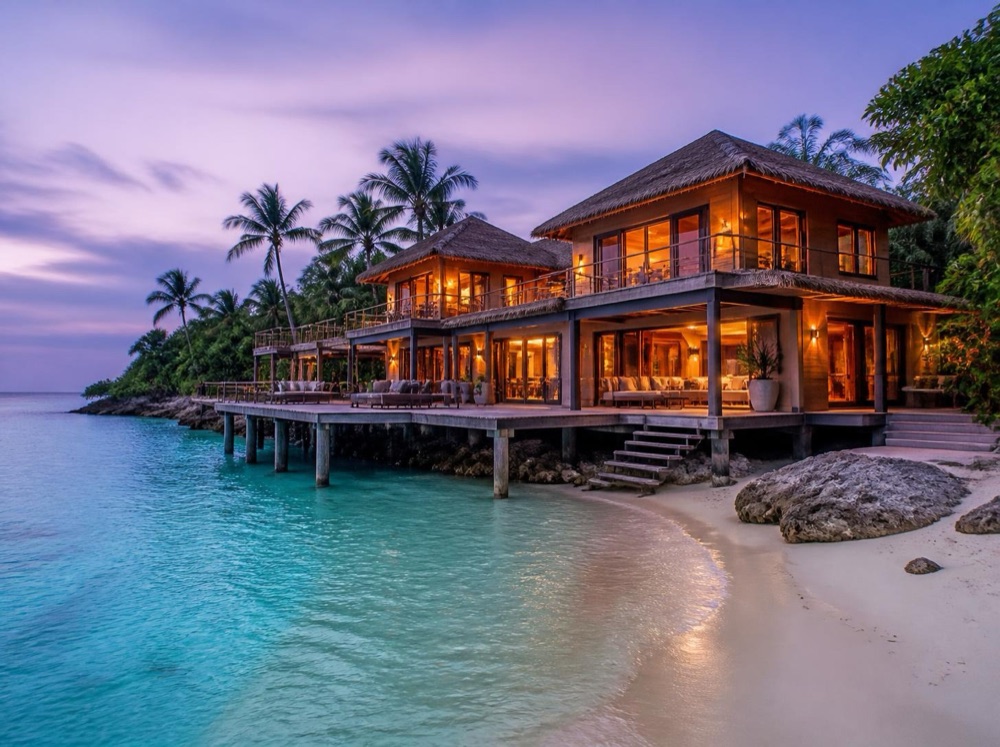 A beachfront home on stilts over turquoise water at dusk