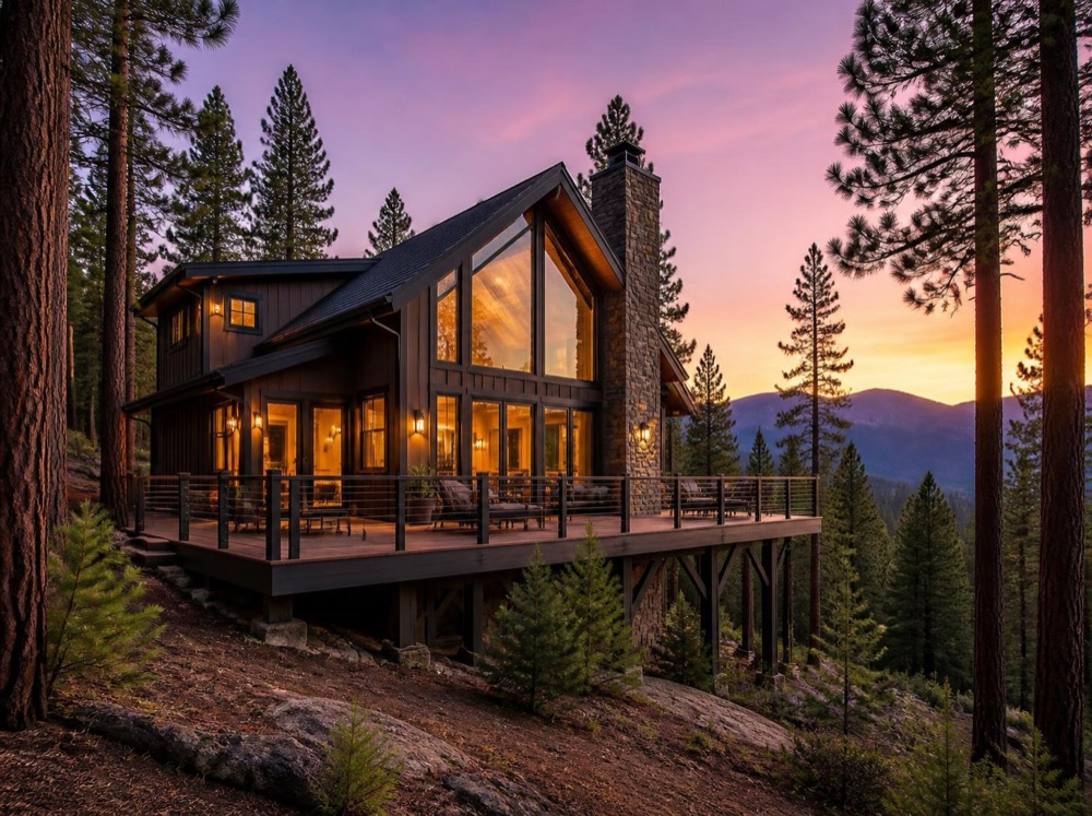 A mountain cabin among pines at sunset