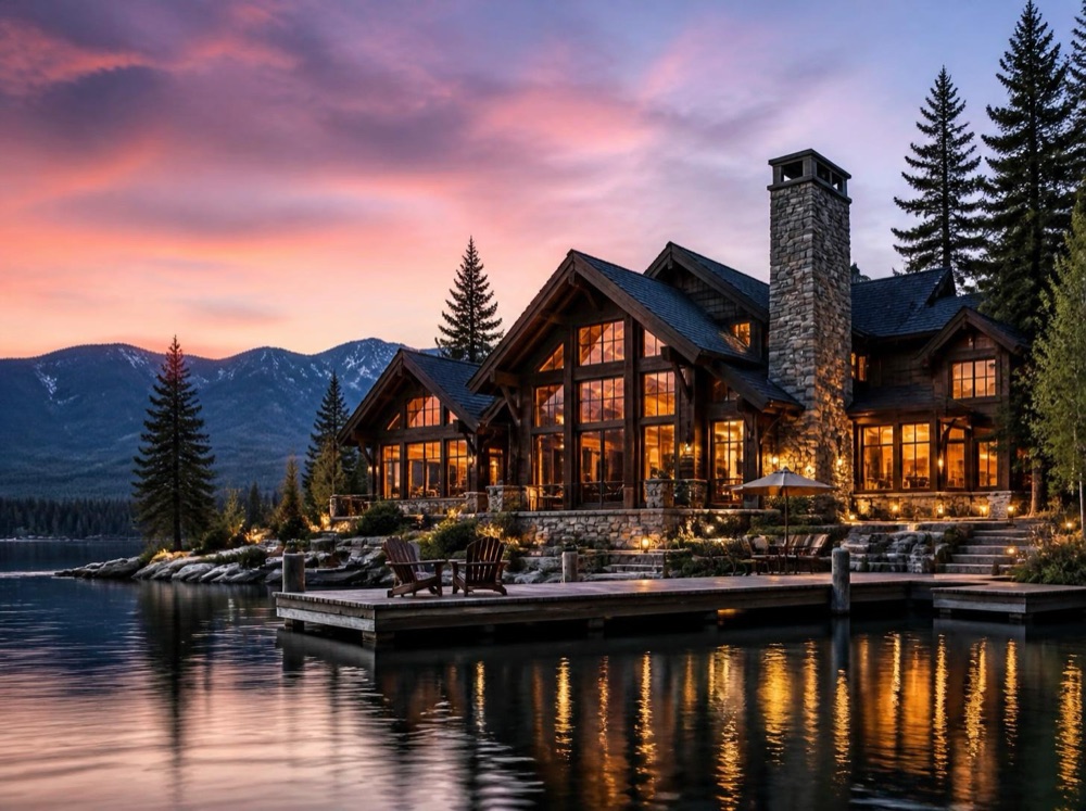 A large timber lodge beside a lake at sunset